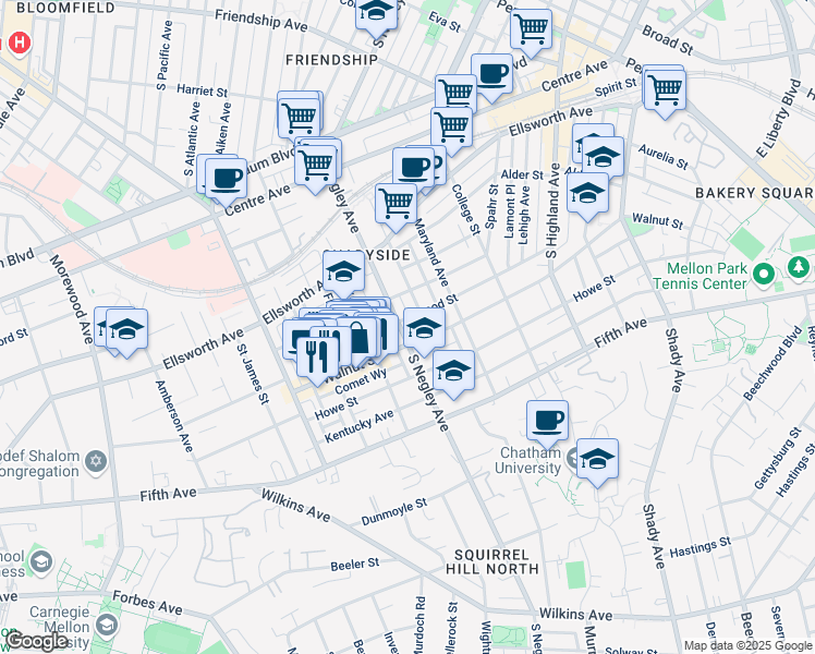 map of restaurants, bars, coffee shops, grocery stores, and more near in Pittsburgh