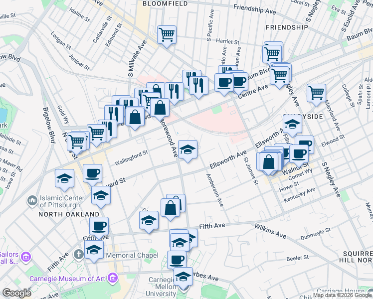 map of restaurants, bars, coffee shops, grocery stores, and more near 5023 Bayard Street in Pittsburgh