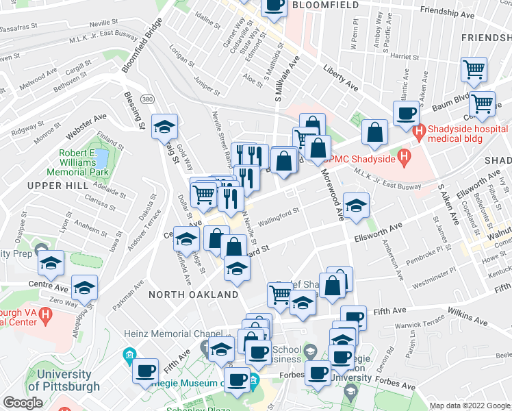 map of restaurants, bars, coffee shops, grocery stores, and more near 4719 Wallingford Street in Pittsburgh