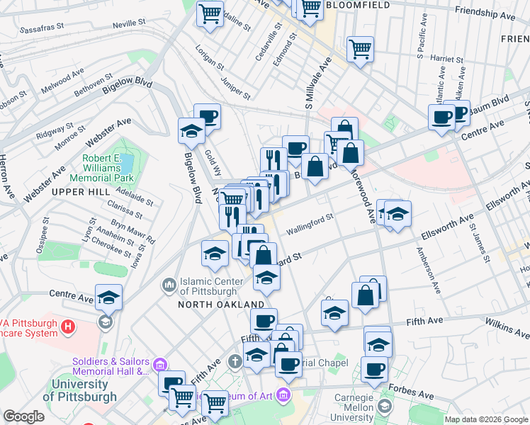 map of restaurants, bars, coffee shops, grocery stores, and more near in Pittsburgh