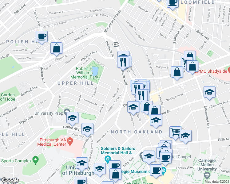 map of restaurants, bars, coffee shops, grocery stores, and more near 4307 Dakota Street in Pittsburgh