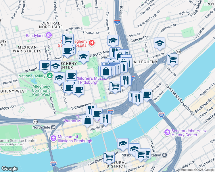 map of restaurants, bars, coffee shops, grocery stores, and more near 408 Cedar Avenue in Pittsburgh