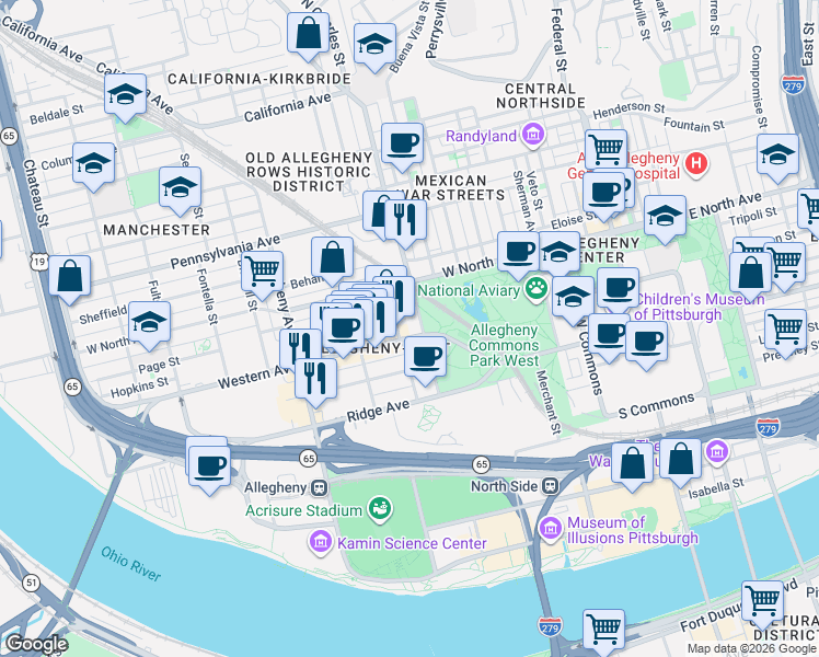 map of restaurants, bars, coffee shops, grocery stores, and more near 801 Western Avenue in Pittsburgh