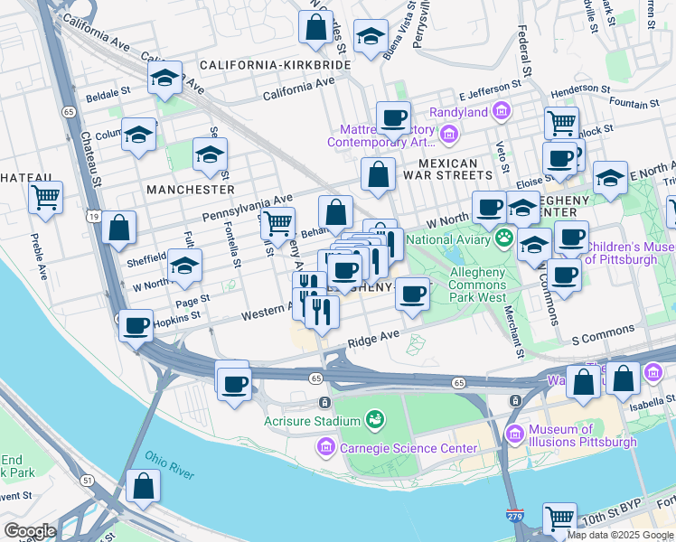map of restaurants, bars, coffee shops, grocery stores, and more near 922 Western Avenue in Pittsburgh