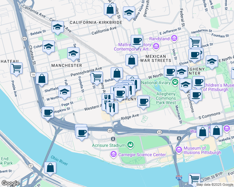 map of restaurants, bars, coffee shops, grocery stores, and more near 922 Western Avenue in Pittsburgh