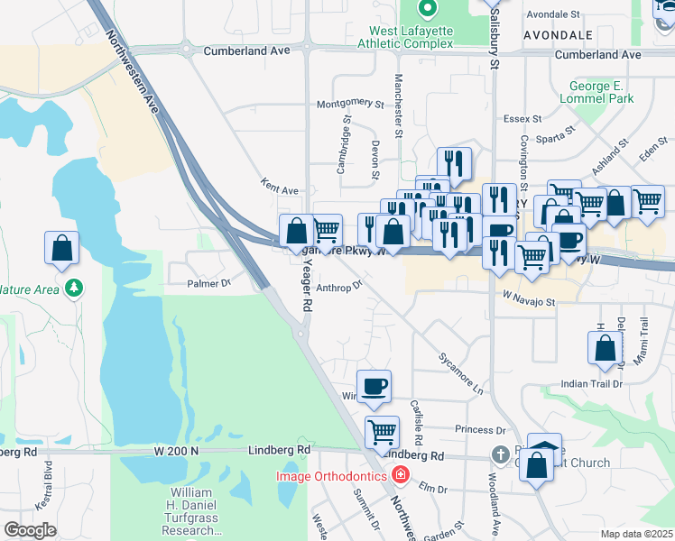 map of restaurants, bars, coffee shops, grocery stores, and more near 1160 Anthrop Drive in West Lafayette