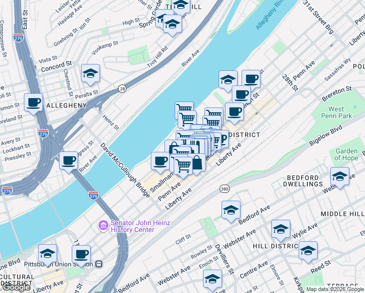 map of restaurants, bars, coffee shops, grocery stores, and more near in Pittsburgh
