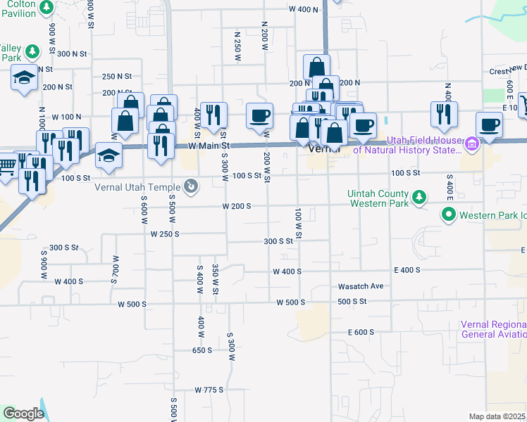 map of restaurants, bars, coffee shops, grocery stores, and more near 209 West 200 South in Vernal