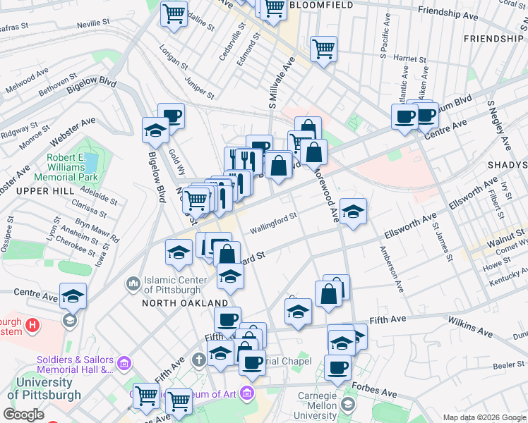 map of restaurants, bars, coffee shops, grocery stores, and more near 4742 Centre Avenue in Pittsburgh