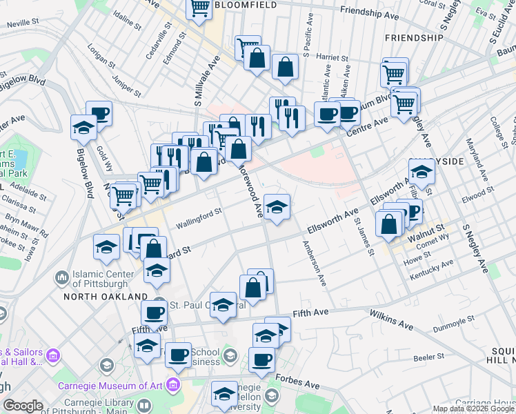 map of restaurants, bars, coffee shops, grocery stores, and more near 2 Bayard Road in Pittsburgh