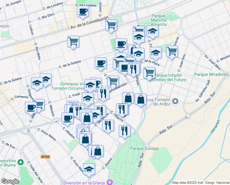 map of restaurants, bars, coffee shops, grocery stores, and more near 28 Calle Circunvalación in Torrejón de Ardoz
