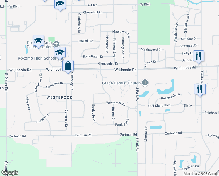 map of restaurants, bars, coffee shops, grocery stores, and more near 2817 Rockford Ct S in Kokomo