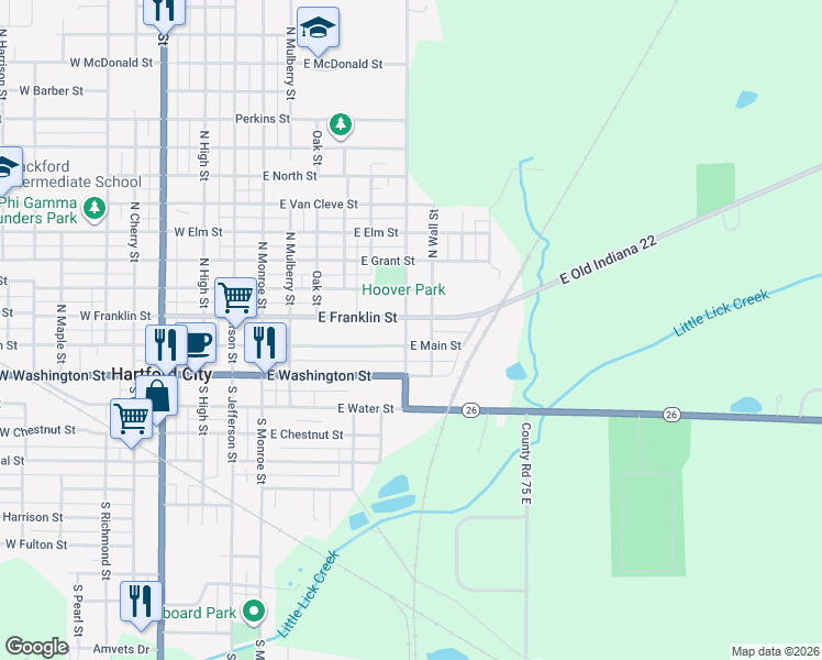 map of restaurants, bars, coffee shops, grocery stores, and more near 701 North Mill Street in Hartford City