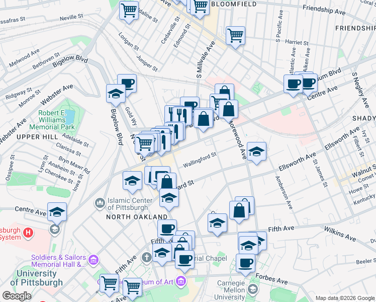 map of restaurants, bars, coffee shops, grocery stores, and more near 4730 Centre Avenue in Pittsburgh