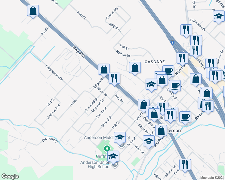 map of restaurants, bars, coffee shops, grocery stores, and more near 1920 Hayes Street in Anderson