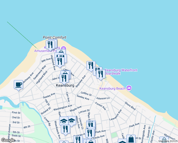 map of restaurants, bars, coffee shops, grocery stores, and more near 98 Beachway Avenue in Keansburg