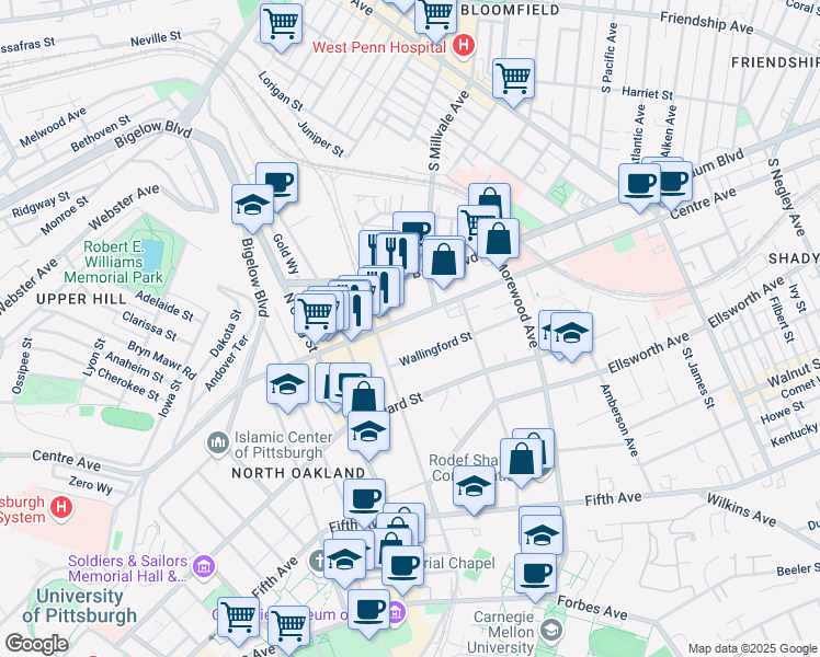 map of restaurants, bars, coffee shops, grocery stores, and more near 4730 Centre Avenue in Pittsburgh