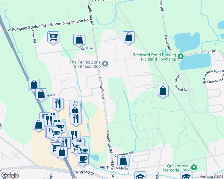 map of restaurants, bars, coffee shops, grocery stores, and more near 8 Fonthill Court in Quakertown