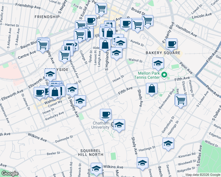 map of restaurants, bars, coffee shops, grocery stores, and more near 5939 Fifth Avenue in Pittsburgh