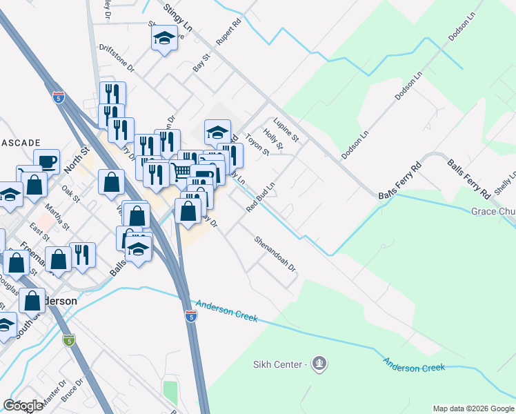 map of restaurants, bars, coffee shops, grocery stores, and more near 2501 Red Bud Lane in Anderson