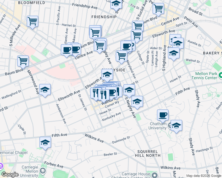 map of restaurants, bars, coffee shops, grocery stores, and more near 722 Filbert Street in Pittsburgh