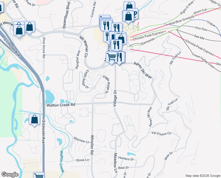 map of restaurants, bars, coffee shops, grocery stores, and more near 2907 Blackhawk Court in Steamboat Springs