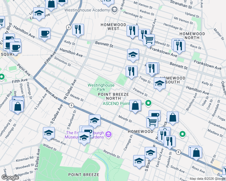 map of restaurants, bars, coffee shops, grocery stores, and more near 7132 McPherson Boulevard in Pittsburgh