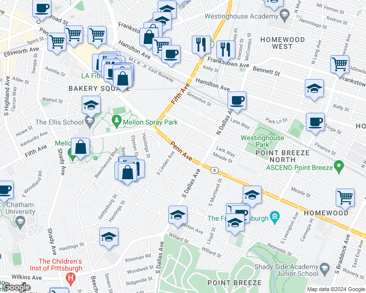 map of restaurants, bars, coffee shops, grocery stores, and more near 6829 Pennsylvania 8 in Pittsburgh