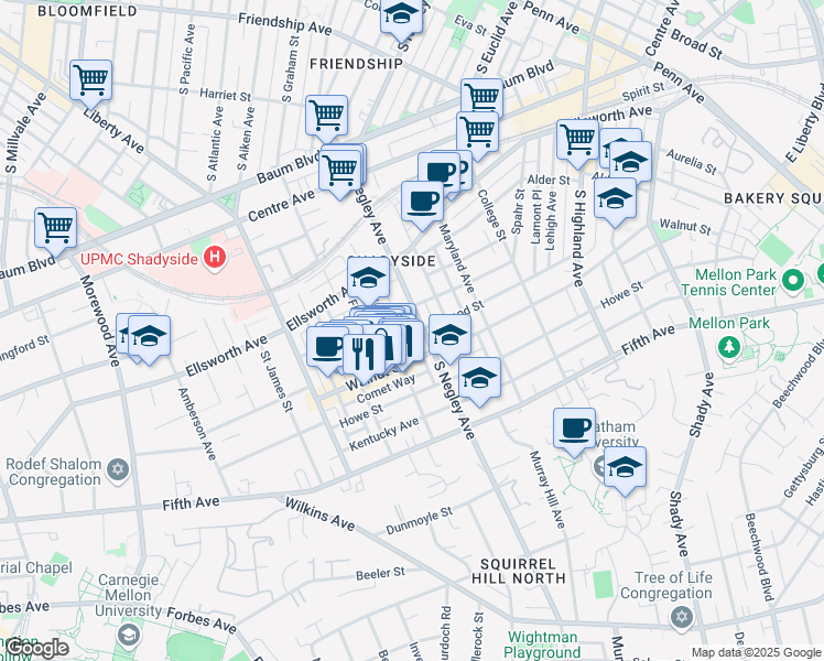 map of restaurants, bars, coffee shops, grocery stores, and more near 727 Ivy Street in Pittsburgh