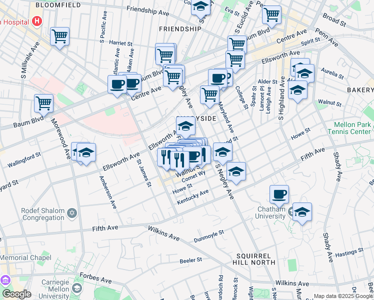 map of restaurants, bars, coffee shops, grocery stores, and more near 722 Filbert Street in Pittsburgh