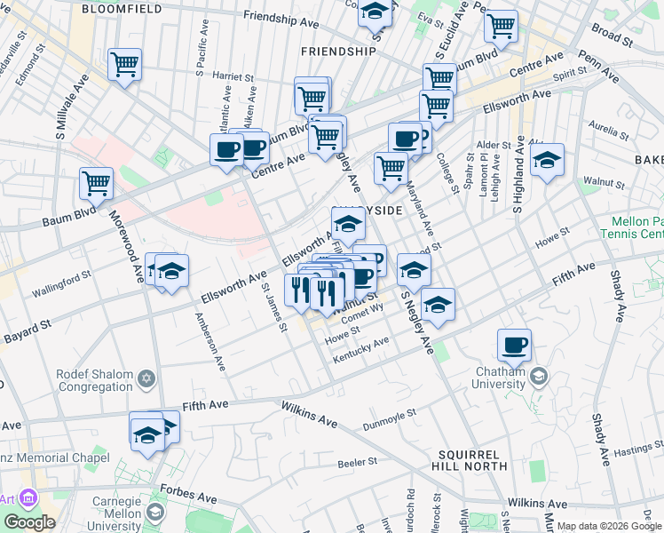 map of restaurants, bars, coffee shops, grocery stores, and more near 705 Copeland Street in Pittsburgh