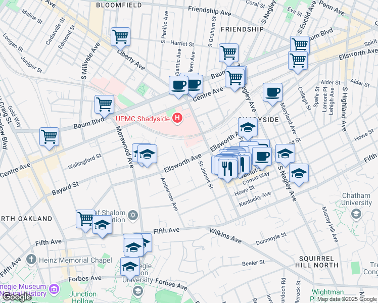 map of restaurants, bars, coffee shops, grocery stores, and more near 5238 Ellsworth Avenue in Pittsburgh