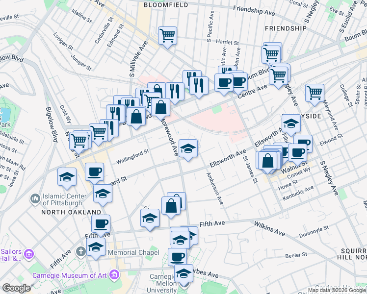 map of restaurants, bars, coffee shops, grocery stores, and more near 5023 Bayard Street in Pittsburgh