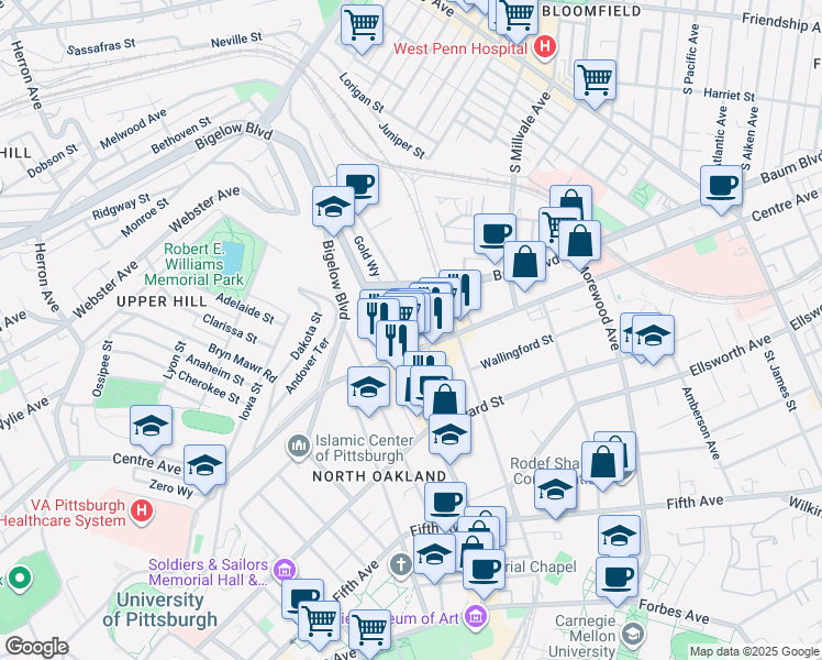 map of restaurants, bars, coffee shops, grocery stores, and more near in Pittsburgh
