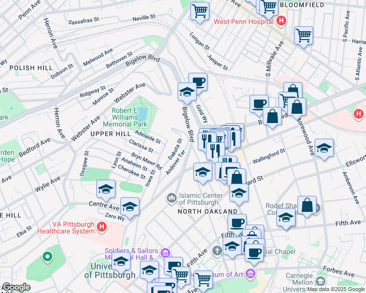 map of restaurants, bars, coffee shops, grocery stores, and more near 4435 Schenley Farms Terrace in Pittsburgh