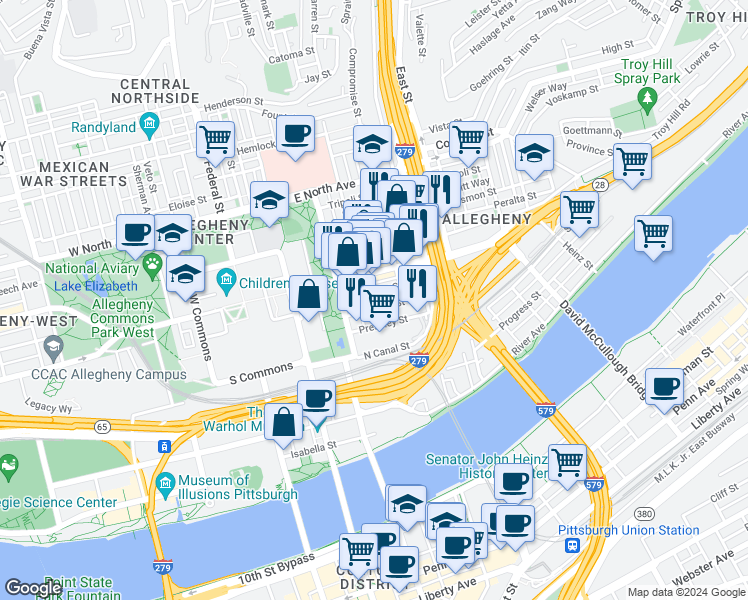 map of restaurants, bars, coffee shops, grocery stores, and more near 510 Pressley Street in Pittsburgh