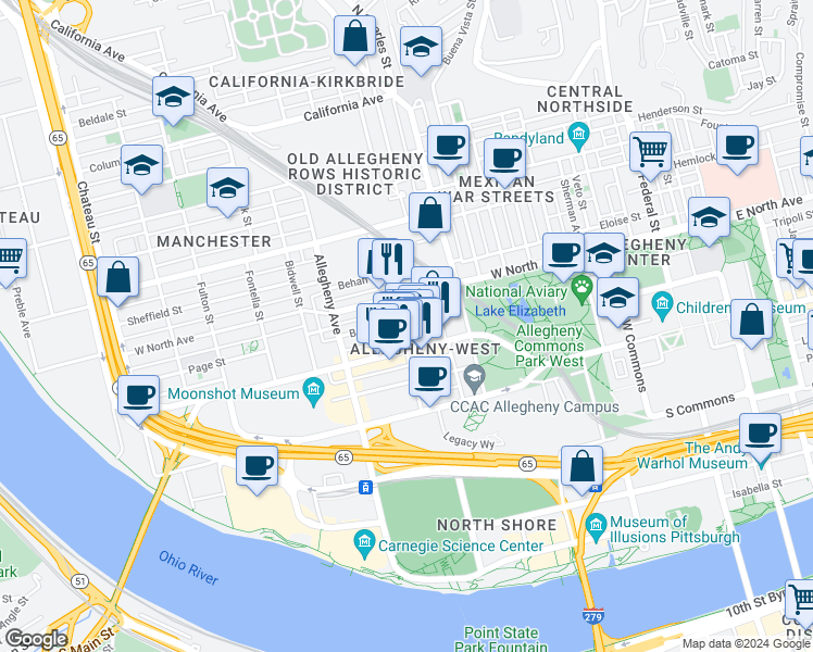 map of restaurants, bars, coffee shops, grocery stores, and more near 847 Western Avenue in Pittsburgh