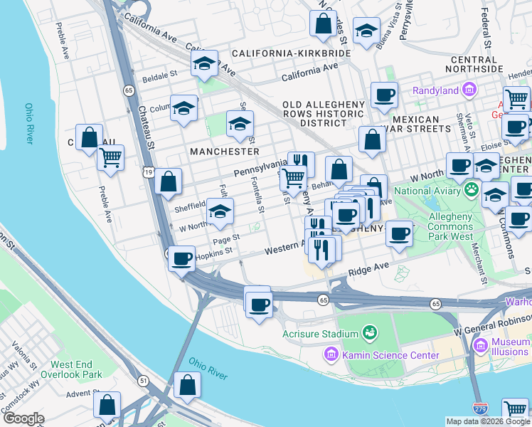 map of restaurants, bars, coffee shops, grocery stores, and more near 1136 Western Avenue in Pittsburgh