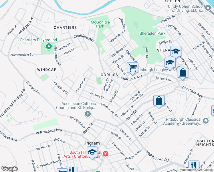 map of restaurants, bars, coffee shops, grocery stores, and more near 1361 Jeffers Street in Pittsburgh