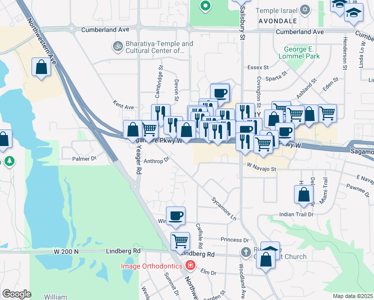 map of restaurants, bars, coffee shops, grocery stores, and more near 2440 Sycamore Lane in West Lafayette