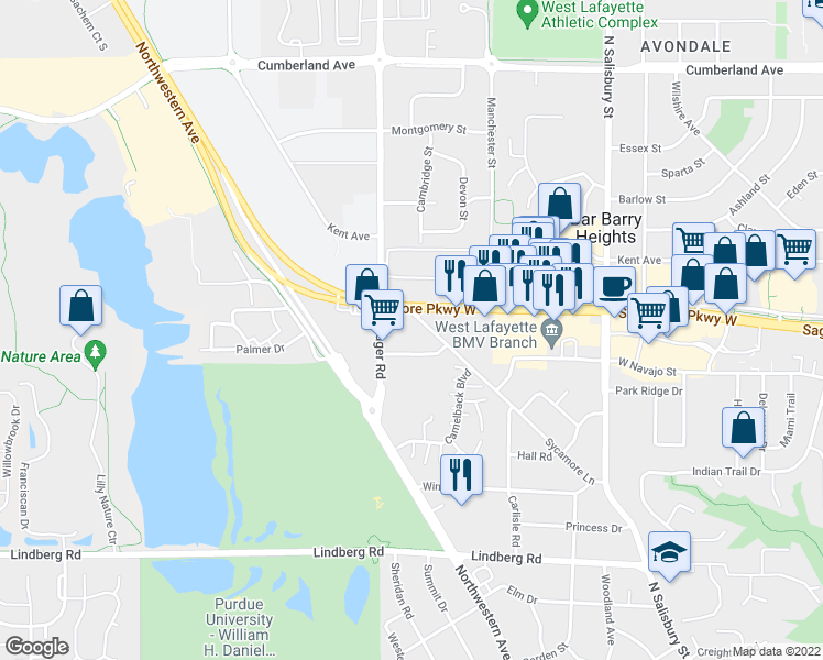 map of restaurants, bars, coffee shops, grocery stores, and more near 1160 Anthrop Drive in West Lafayette