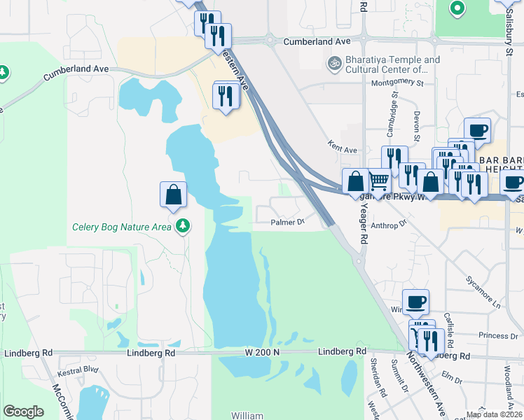 map of restaurants, bars, coffee shops, grocery stores, and more near 1349-1389 Palmer Drive in West Lafayette
