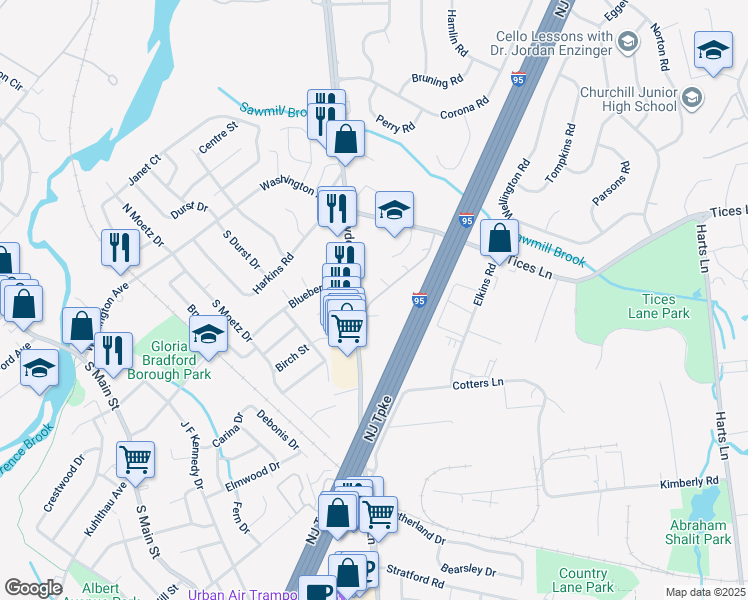 map of restaurants, bars, coffee shops, grocery stores, and more near 1204 Cedar Village Boulevard in East Brunswick