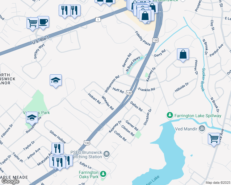 map of restaurants, bars, coffee shops, grocery stores, and more near 390 Sherman Road in North Brunswick Township