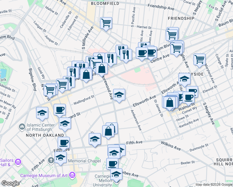 map of restaurants, bars, coffee shops, grocery stores, and more near 5023 Bayard Street in Pittsburgh
