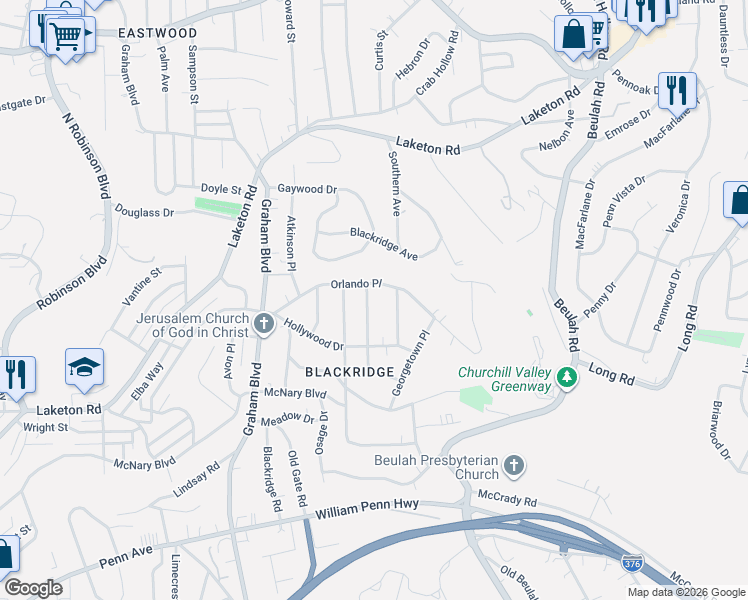 map of restaurants, bars, coffee shops, grocery stores, and more near 1720 Jamestown Place in Pittsburgh