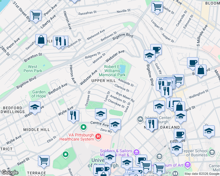 map of restaurants, bars, coffee shops, grocery stores, and more near 801 Anaheim Street in Pittsburgh
