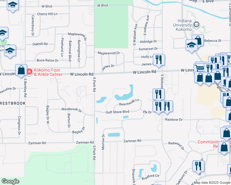 map of restaurants, bars, coffee shops, grocery stores, and more near 2968 Citrus Lake Drive in Kokomo