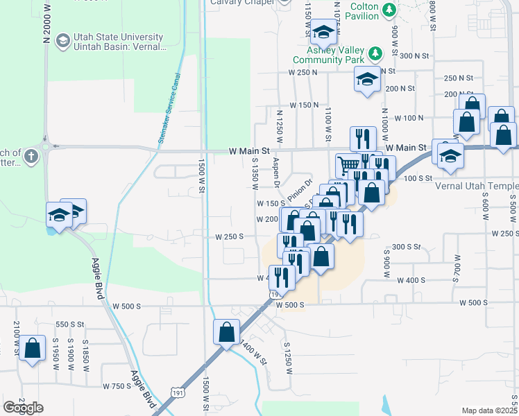 map of restaurants, bars, coffee shops, grocery stores, and more near 1345 West 150 South in Vernal