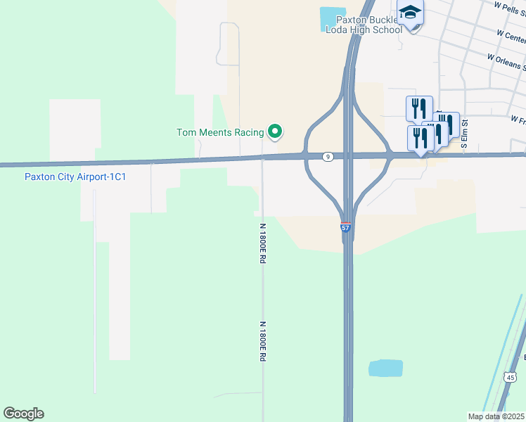 map of restaurants, bars, coffee shops, grocery stores, and more near 250 North 1800E Road in Paxton